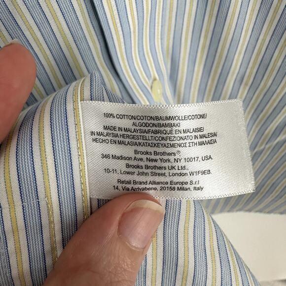 Brooks Brothers Shirt Mens Large 16.5 Blue Striped Yellow Button Down Cotton - Picture 4 of 7